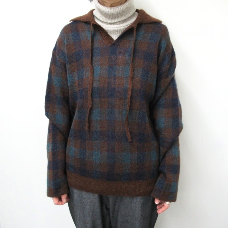 NOUVELLES DU PARADIS シアーモヘヤチェック衿付きニットプルオーバー /BR16